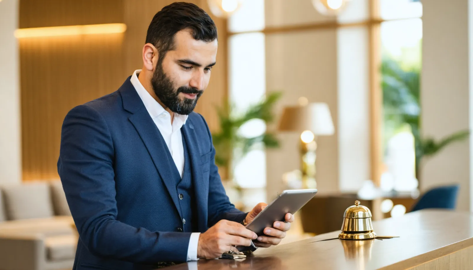 Otel resepsiyonunda tabletten ön ödeme durumuna bakan görevli